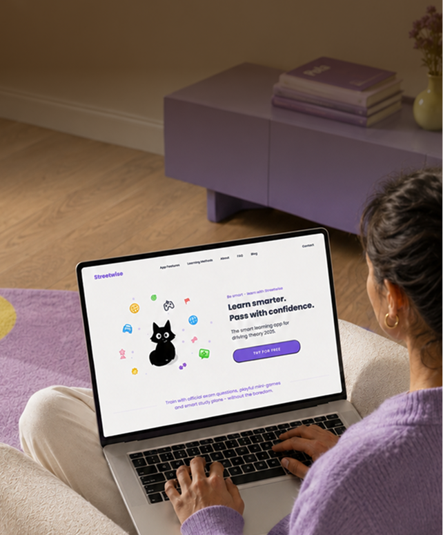 Person using a laptop displaying a webpage for a learning app with a black cat illustration and the text 'Learn smarter. Pass with confidence.' The room has purple decor including a table and books.