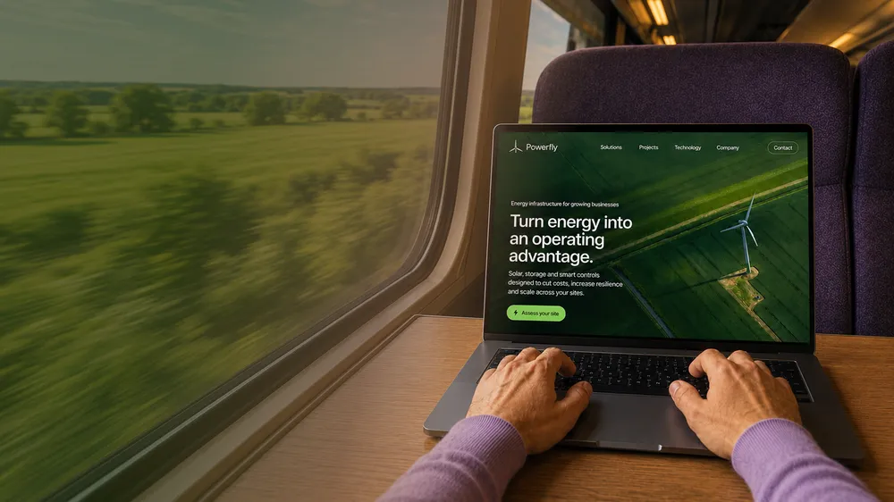 Person using a laptop on a train with a website about energy infrastructure displayed on the screen. Outside the train window, green fields and trees are visible in motion.