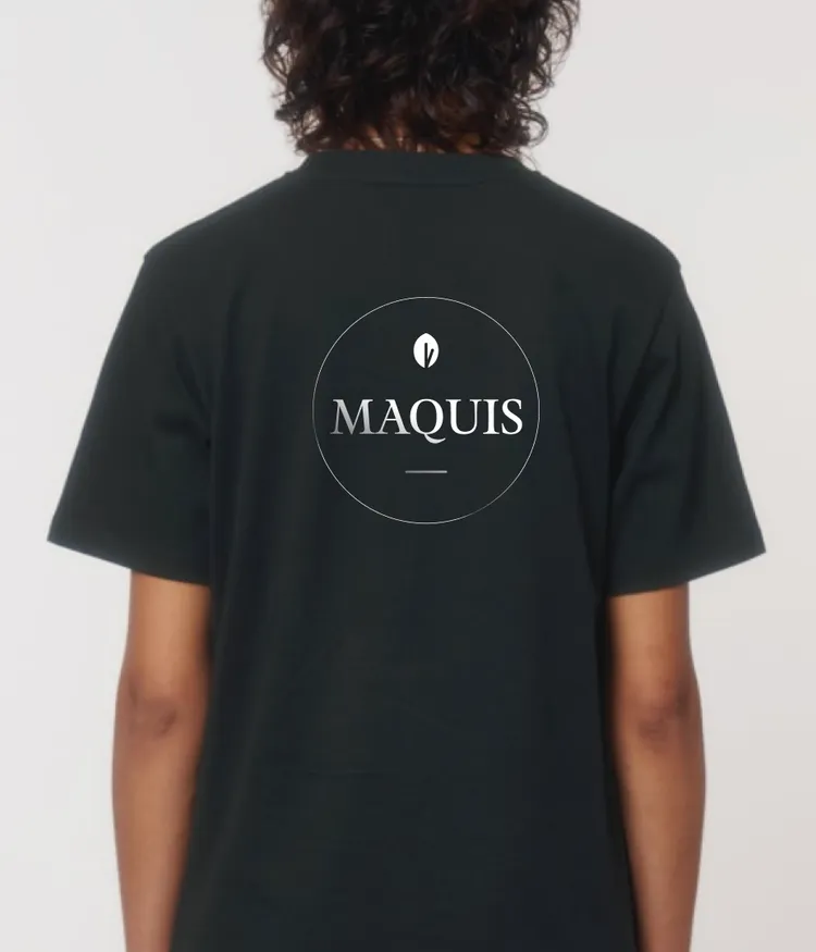 Person wearing a black t-shirt with the word 'MAQUIS' on the back.