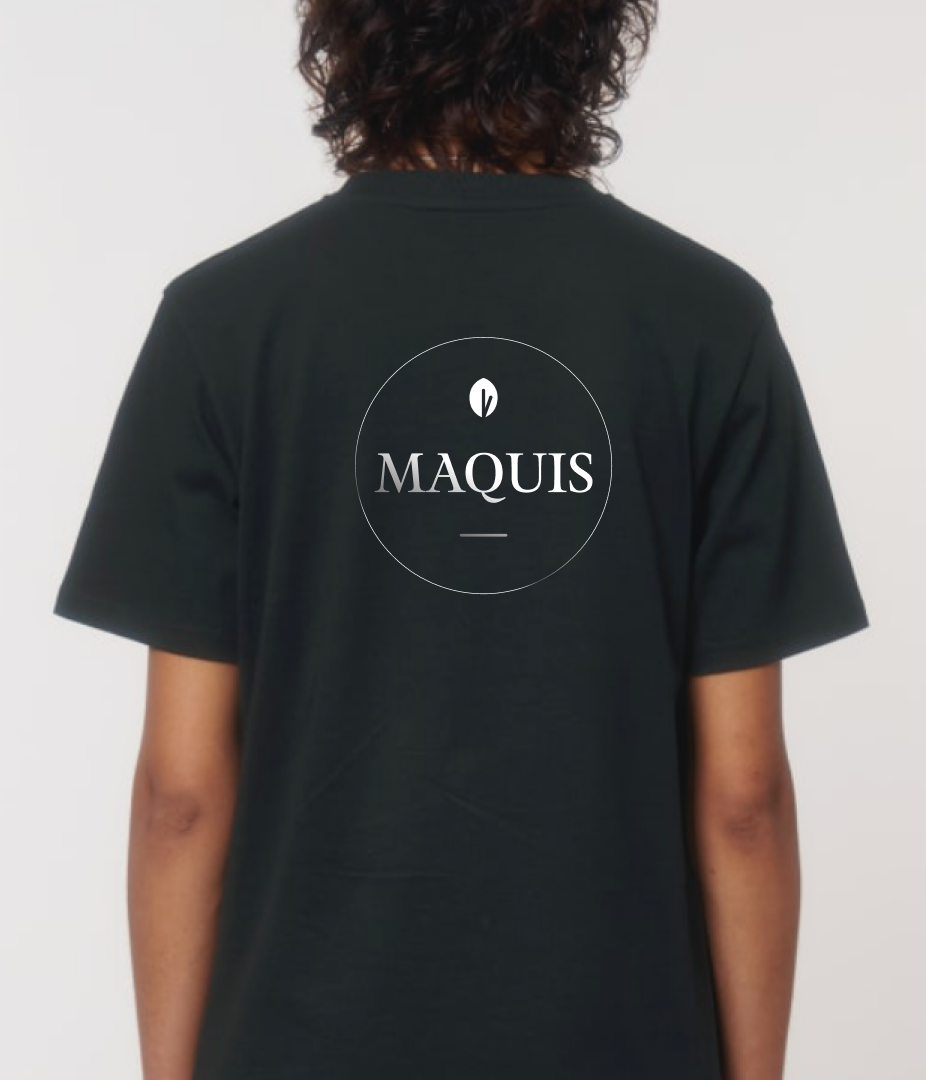 Person wearing a black t-shirt with the word 'MAQUIS' on the back.