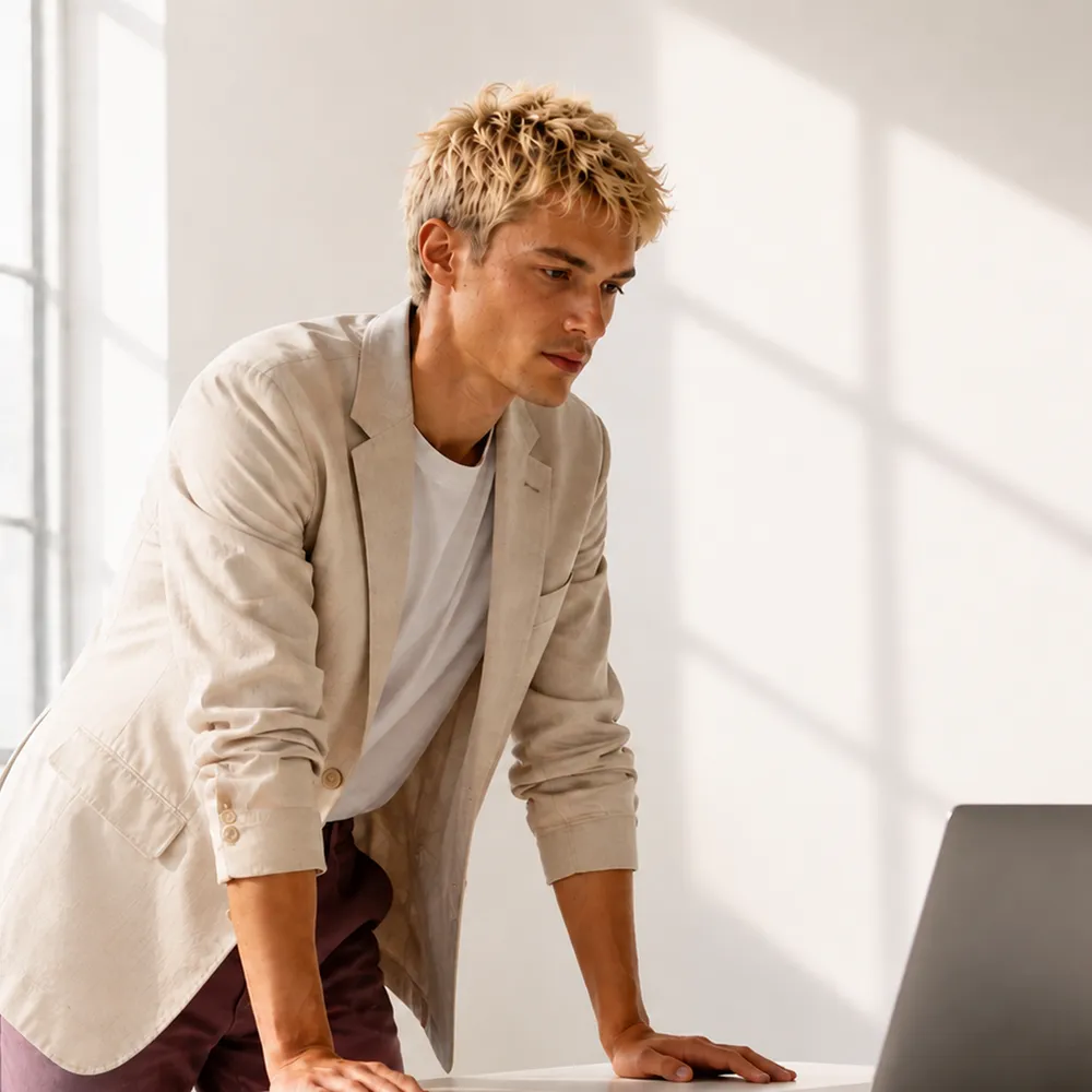 Person with blonde hair wearing a beige blazer and white shirt, leaning forward and looking at a laptop on a desk in a brightly lit room.