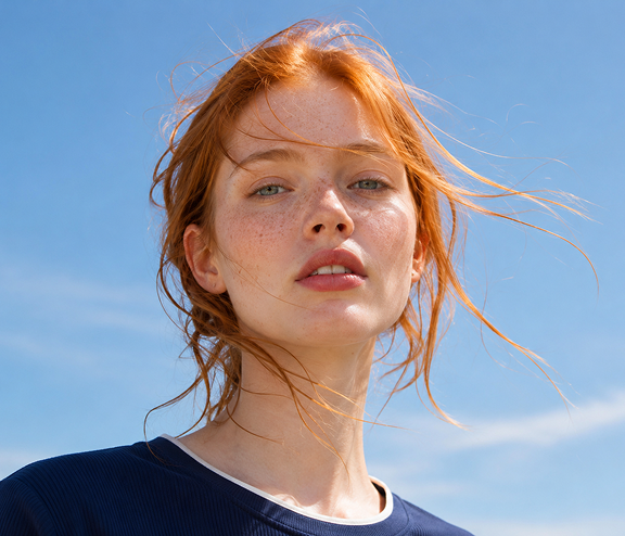 Person with red hair and freckles looking at the camera. Their hair is slightly tousled by the wind, and they are wearing a dark blue top. The sky is clear and blue in the background.
