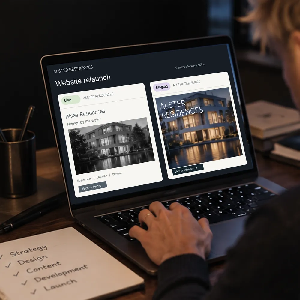 ノートパソコンで作業している人がいます。画面には、Alster Residencesのサイトリニューアルに伴う比較として、建物の異なる画像を使った'Live'版と'Staging'版のページが表示されています。机の上には、ウェブサイト開発の手順をまとめたチェックリスト付きのノートがあります。