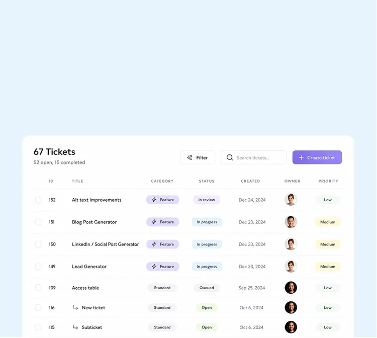 Pola workspace ticket list with project tasks, status, and responsible persons.