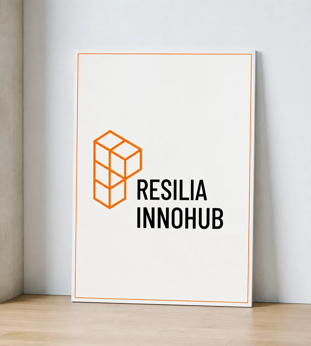 Poster featuring the logo and text 'RESILIA INNOHUB' with an orange geometric design resembling a cube structure. The poster leans against a wall on a wooden floor.