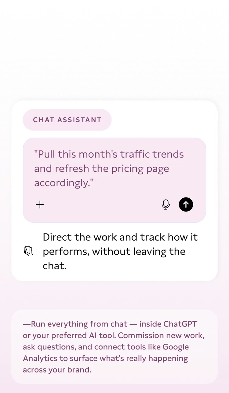 Screenshot of a chat interface from a chat assistant. The text says, 'Pull this month's traffic trends and refresh the pricing page accordingly.' A prompt below reads, 'Direct the work and track how it performs, without leaving the chat.' Additional text suggests running everything from chat using AI tools and connecting to Google Analytics.
