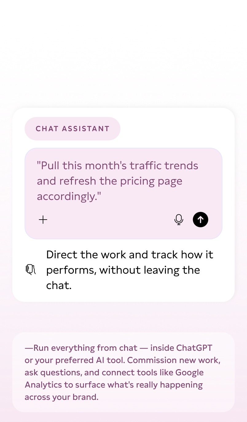 Screenshot of a chat interface from a chat assistant. The text says, 'Pull this month's traffic trends and refresh the pricing page accordingly.' A prompt below reads, 'Direct the work and track how it performs, without leaving the chat.' Additional text suggests running everything from chat using AI tools and connecting to Google Analytics.