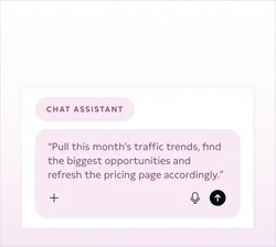Screenshot of a chat interface labeled 'Chat Assistant' with a message saying, 'Pull this month’s traffic trends, find the biggest opportunities and refresh the pricing page accordingly.' The background is light pink, and icons for microphone and send are present.