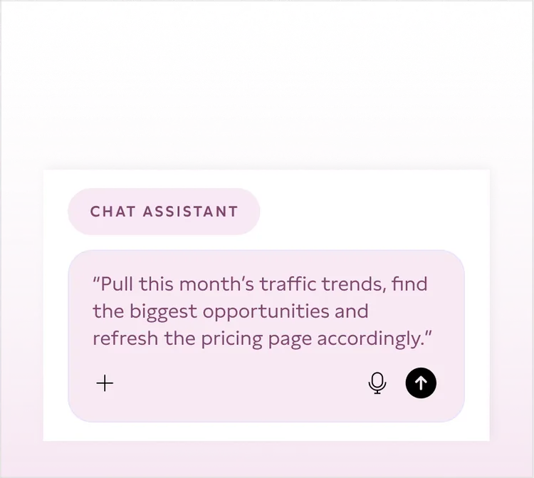 Screenshot of a chat interface labeled 'Chat Assistant' with a message saying, 'Pull this month’s traffic trends, find the biggest opportunities and refresh the pricing page accordingly.' The background is light pink, and icons for microphone and send are present.