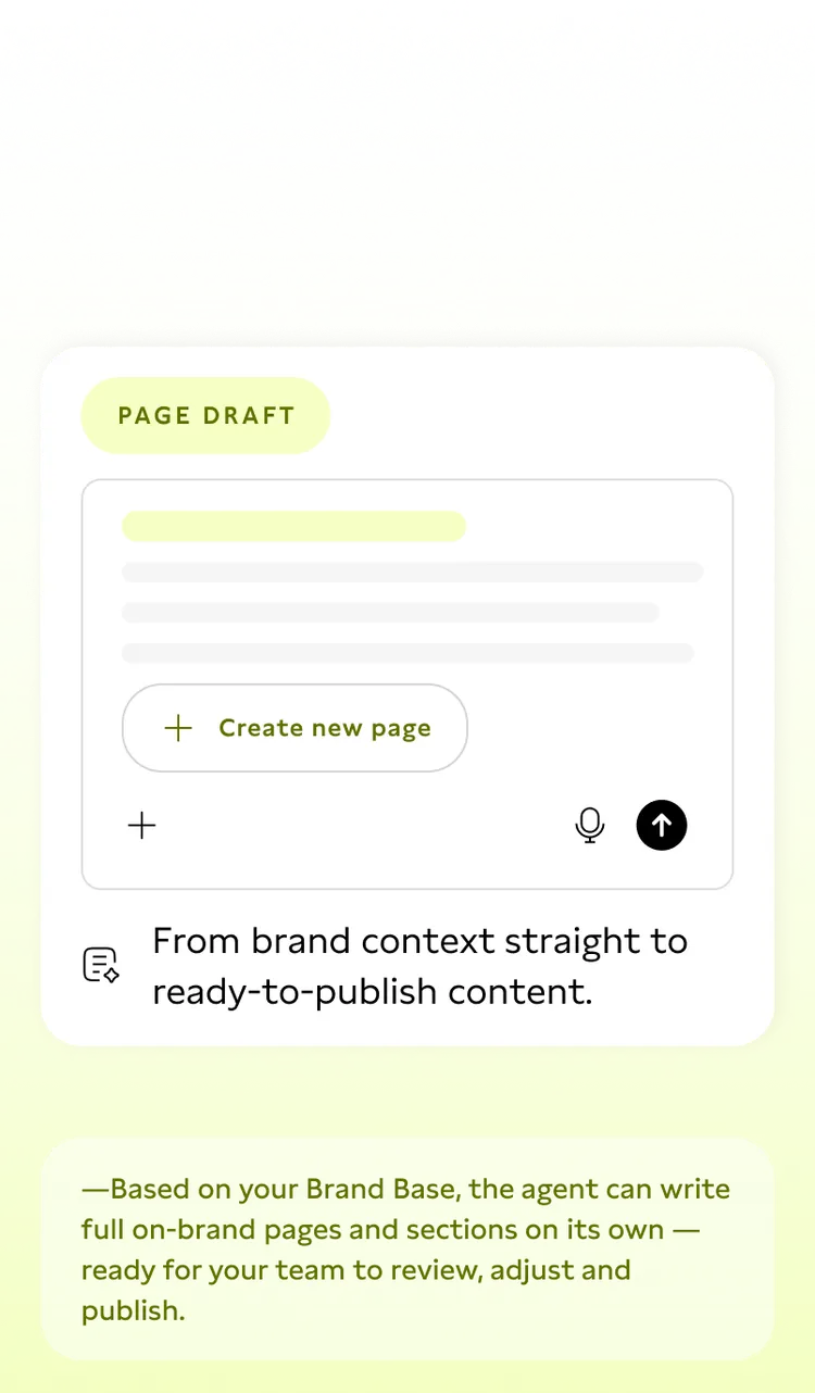 Screenshot of a Page Draft interface with a 'Create new page' button. Text reads 'From brand context straight to ready-to-publish content' and 'Based on your Brand Base, the agent can write full on-brand pages and sections on its own—ready for your team to review, adjust and publish.'