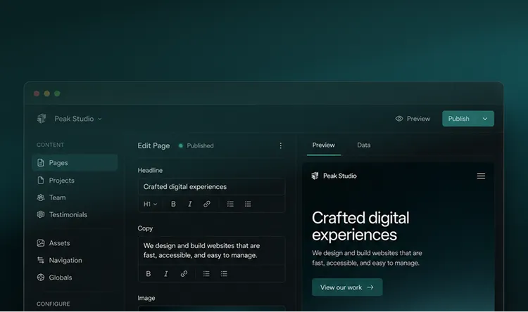 Screenshot of a website editing platform with sections for content management, including pages, projects, team, and testimonials. The interface includes text tools for editing headlines and copy, with a preview pane showing website design and text reading 'Crafted digital experiences.'