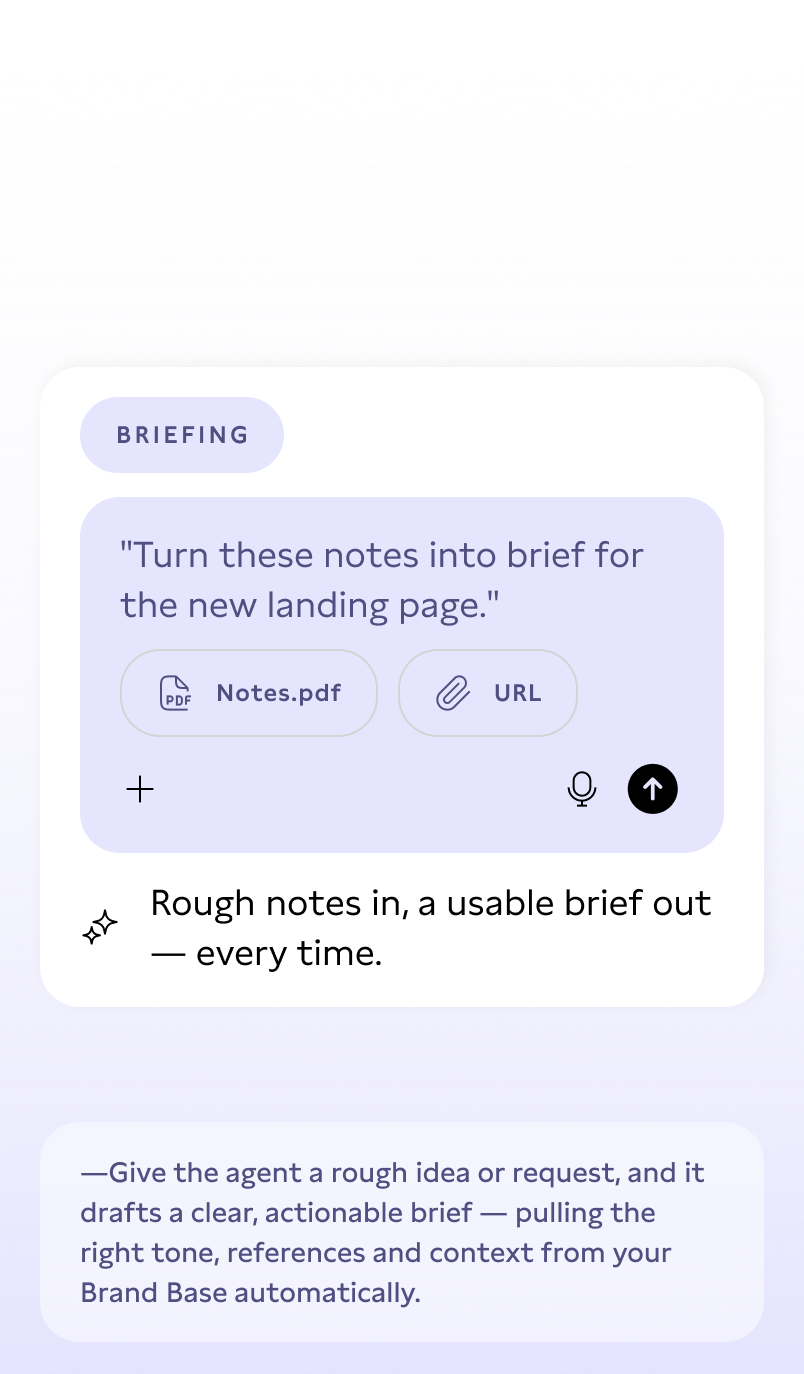 Screenshot of an app interface titled 'Briefing'. It displays a prompt asking to 'Turn these notes into brief for the new landing page.' Below are icons for attaching a PDF (Notes.pdf) and a URL, with a microphone and send button. Text below reads: 'Rough notes in, a usable brief out—every time.' Additional text suggests the app drafts clear, actionable briefs from rough ideas, using context from a 'Brand Base.'