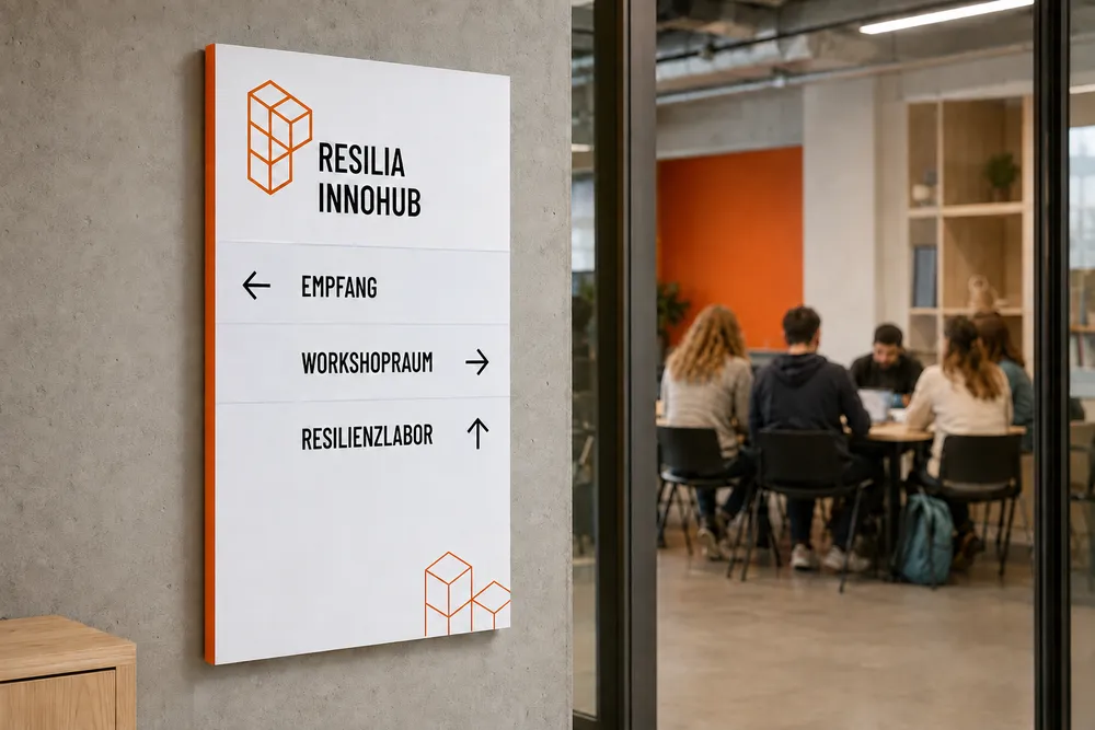 Sign on a wall at Resilia InnoHub displaying directional arrows to Empfang, Workshopraum, and Resilienzlabor. In the background, a group of people is seated at a table in a modern room with orange accents.