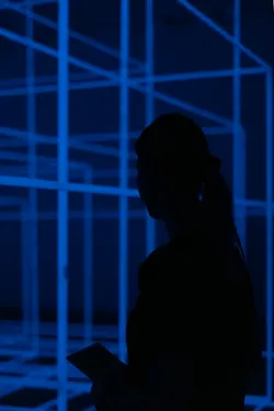 Silhouette of a person in a blue-lit geometric installation.
