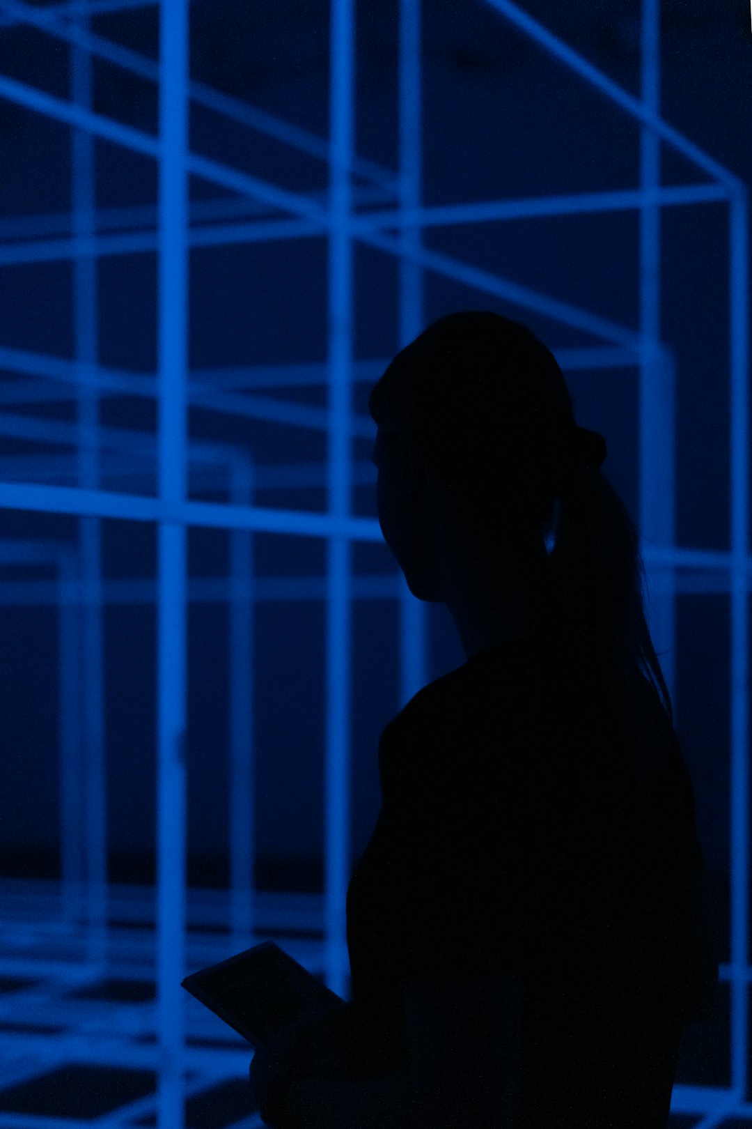 Silhouette of a person in a blue-lit geometric installation.