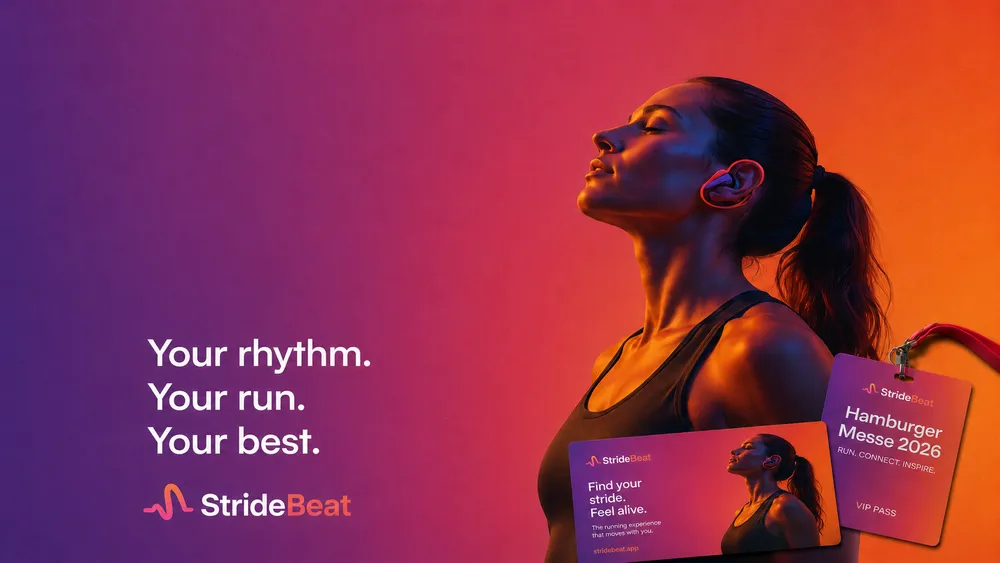 Silhouetted woman wearing headphones with text and StrideBeat branding on a colorful gradient background.