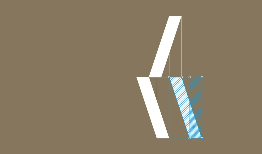 Simple geometric design on a brown background with angular white and striped blue elements.