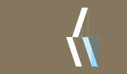 Simple geometric design on a brown background with angular white and striped blue elements.