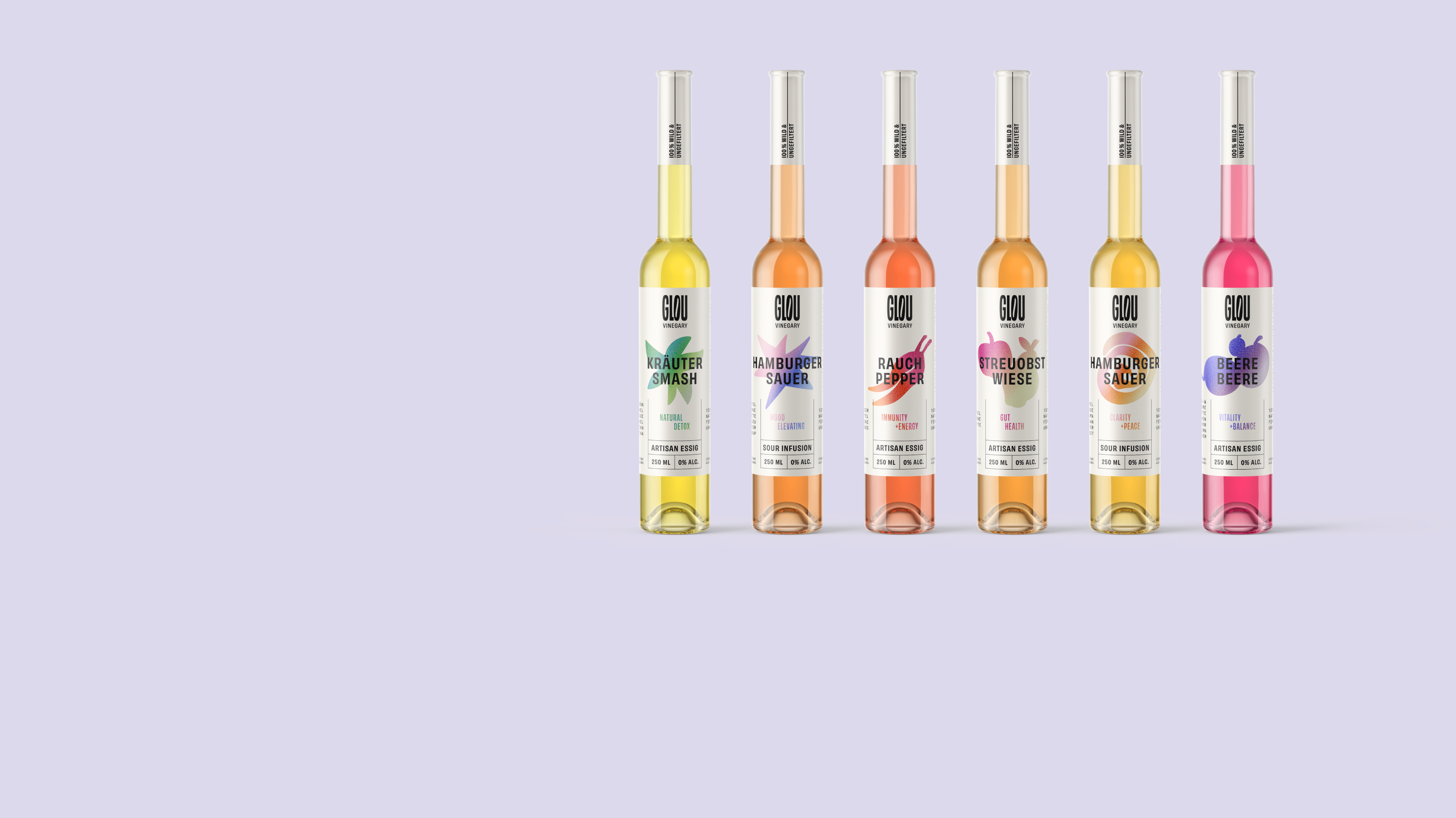 Six bottles of flavored vinegar with colorful labels on a light purple background.