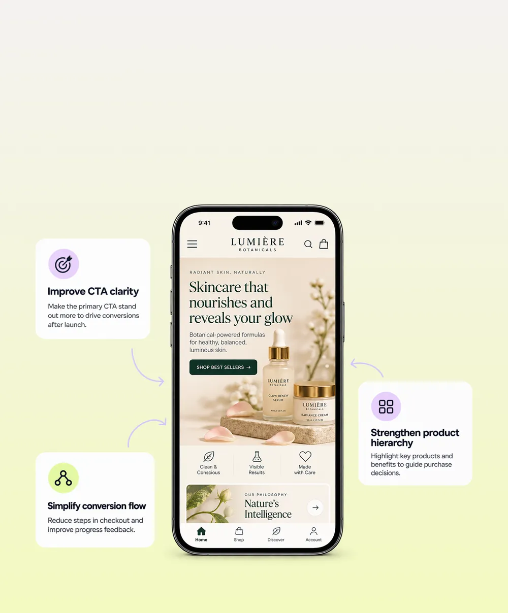 'Lumière Botanicals'라는 제목의 스킨케어 웹사이트가 표시된 스마트폰입니다. CTA를 명확하게 하고, 전환 흐름을 간소화하며, 제품 정보의 계층 구조를 강화하는 데 중점을 두고 있습니다. 천연 성분을 함유한 스킨케어 제품을 소개합니다.