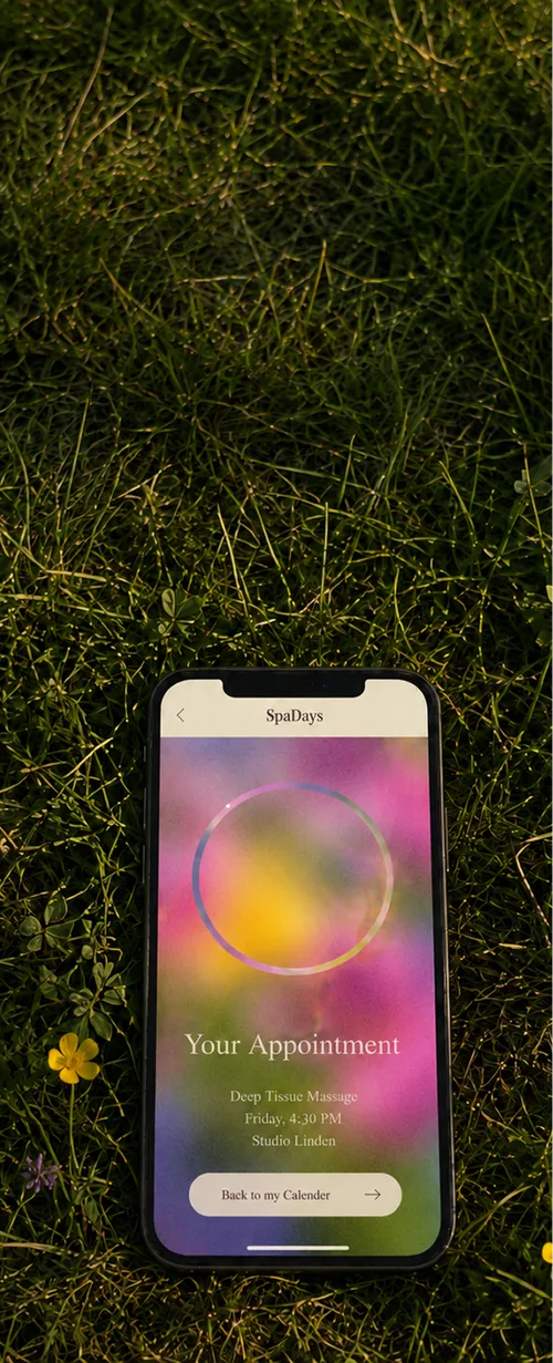 Smartphone lying on grass displaying an appointment reminder for a deep tissue massage at Studio Linden on Friday at 4:30 PM, with colorful abstract background and option to go back to the calendar.