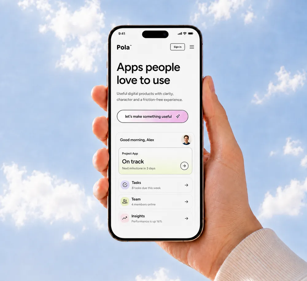 Smartphone with an example of an app interface against a blue sky
