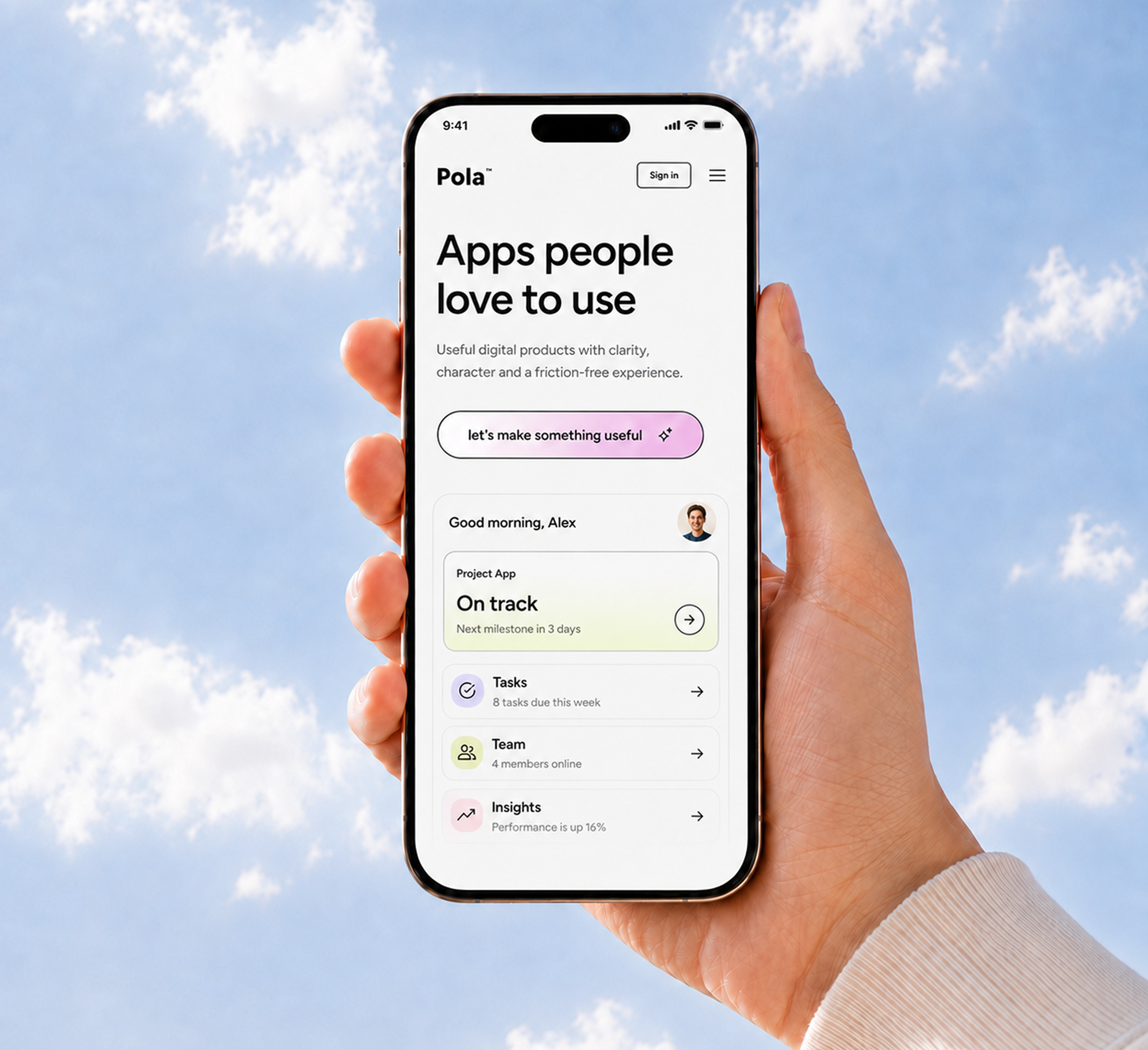 Smartphone mit Beispiel einer App-Oberfläche vor blauem Himmel