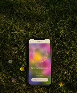 Smartphone on grass displaying a colorful app screen with information about a spa appointment for a deep tissue massage at 4:30 PM at Studio Linden. The background is a mixture of vibrant colors. Small flowers surround the phone.