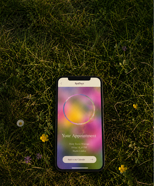 Smartphone on grass displaying a colorful app screen with information about a spa appointment for a deep tissue massage at 4:30 PM at Studio Linden. The background is a mixture of vibrant colors. Small flowers surround the phone.