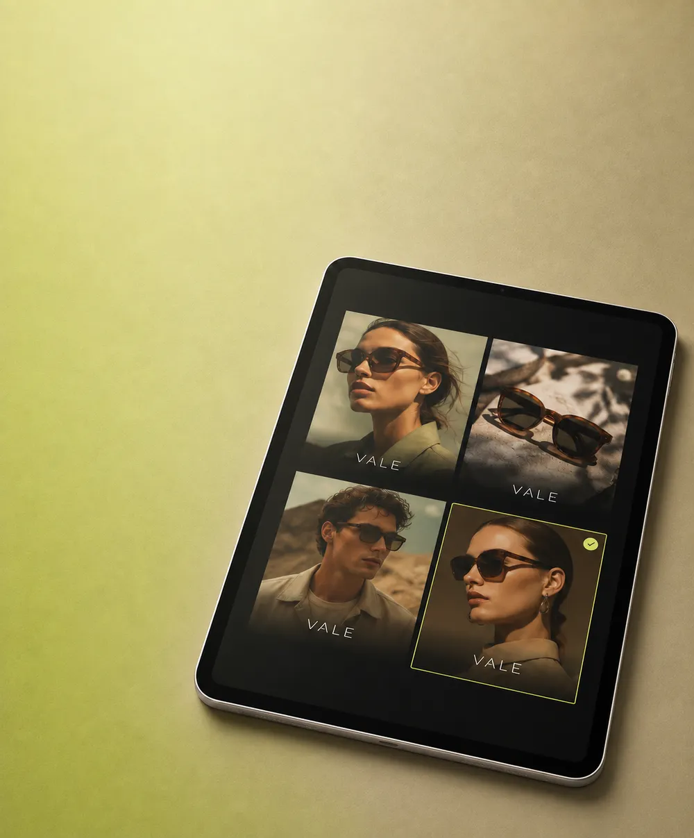 Tablet displaying four images of sunglasses and models in a grid layout, on a green surface. The images include two models wearing sunglasses and two sets of sunglasses alone, each labeled 'VALE'.