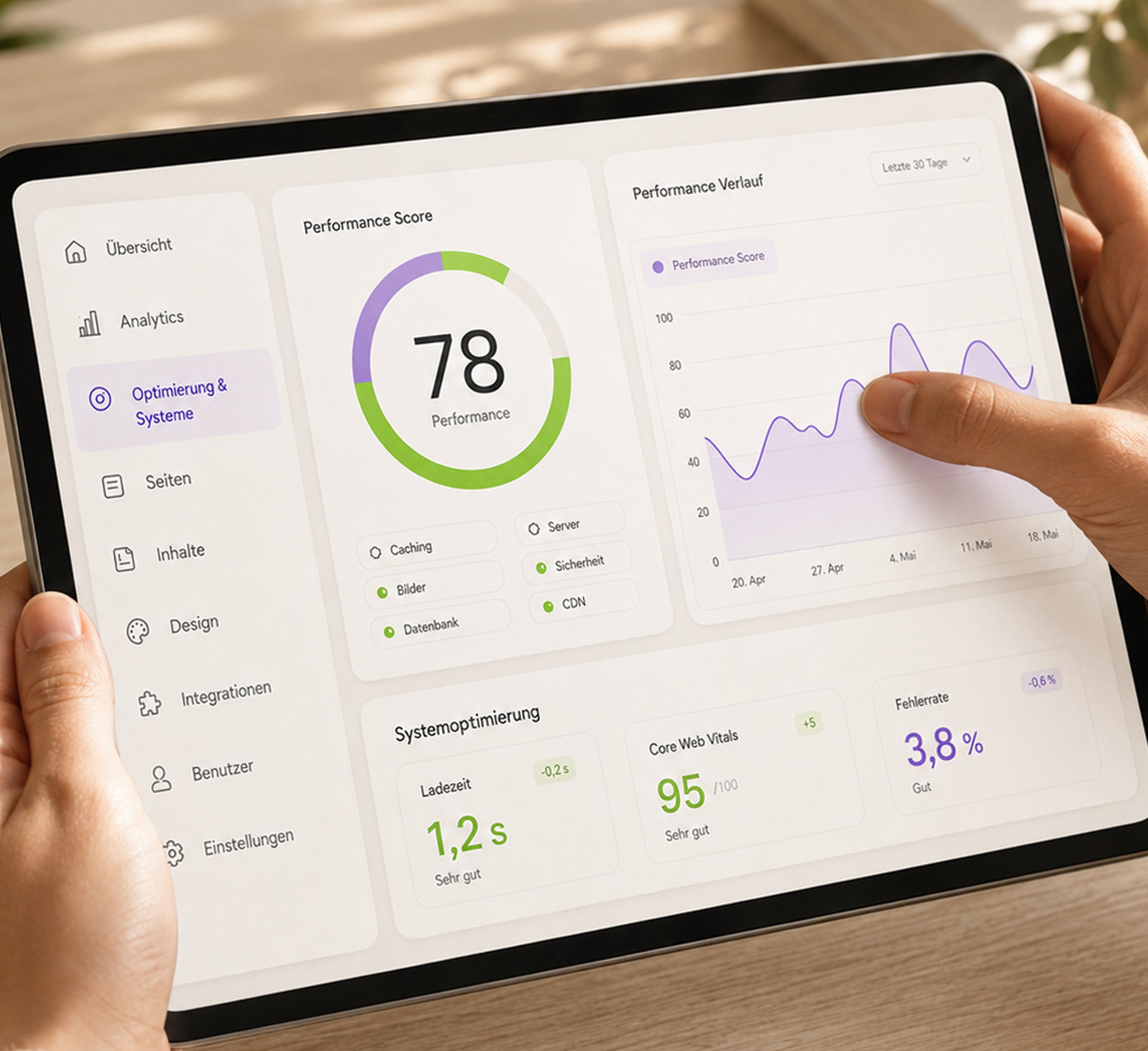 Tablet mit Dashboard für Website-Performance und Systemoptimierung