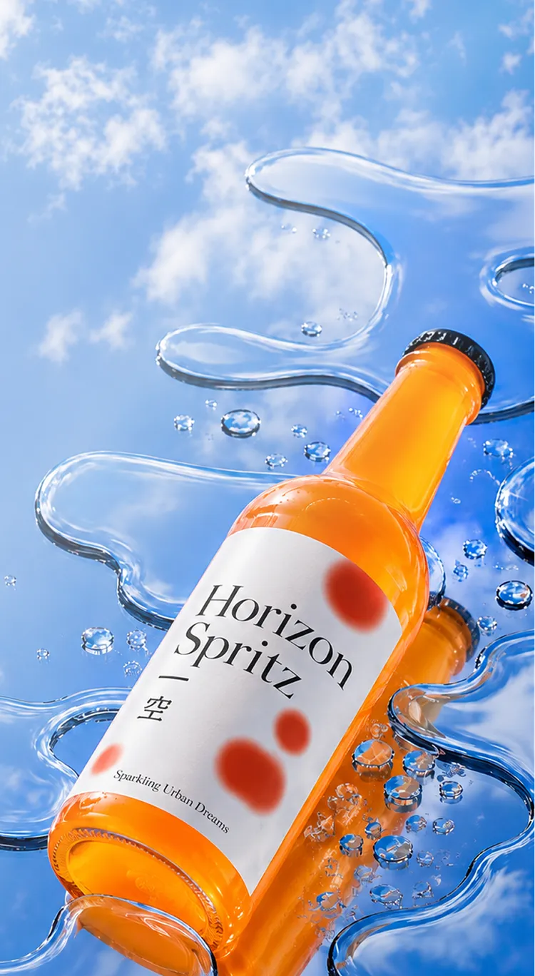 Technology & AI: Bottle of an orange-colored drink on a reflective water surface.