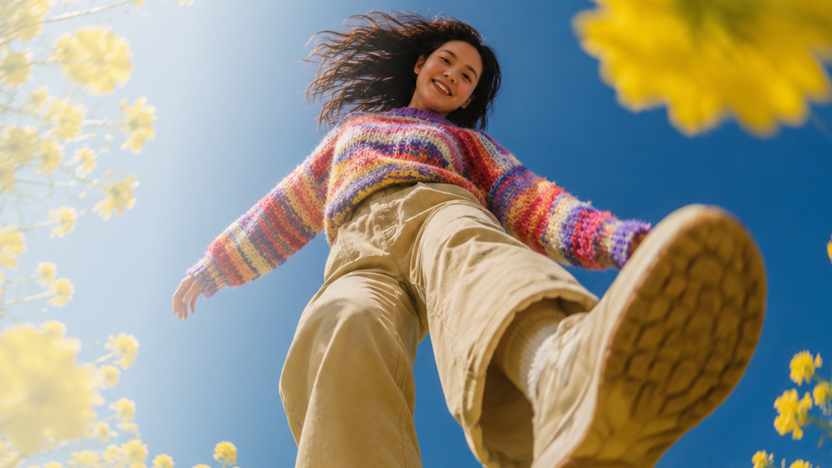 Technology & AI: Frau in farbigem Pullover, von unten vor blauem Himmel fotografiert.