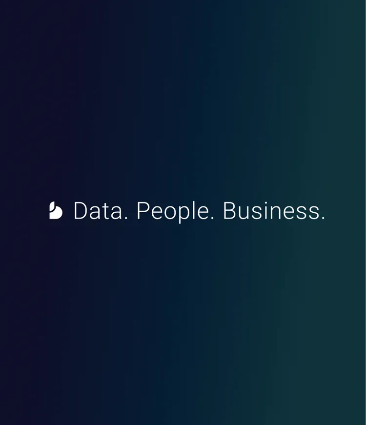 Text on a dark gradient background reads 'Data. People. Business.'