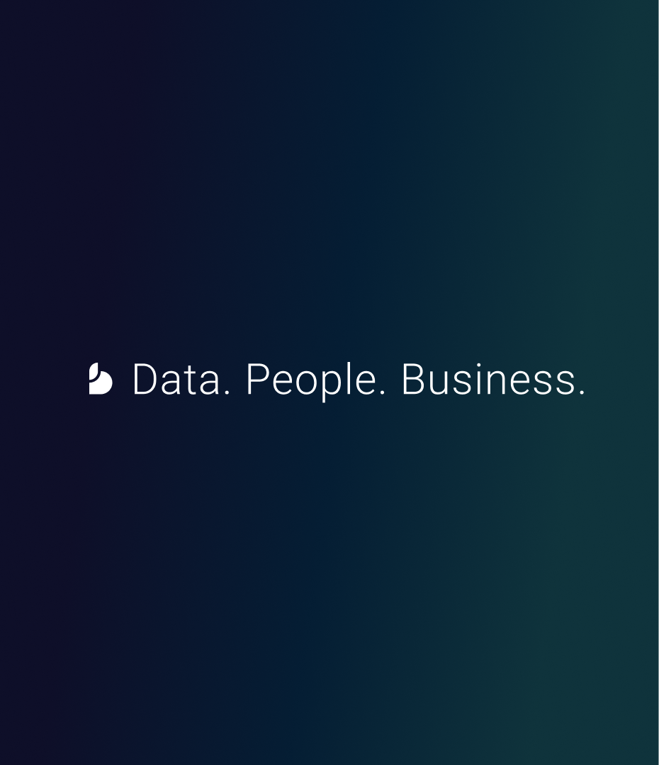 Text on a dark gradient background reads 'Data. People. Business.'