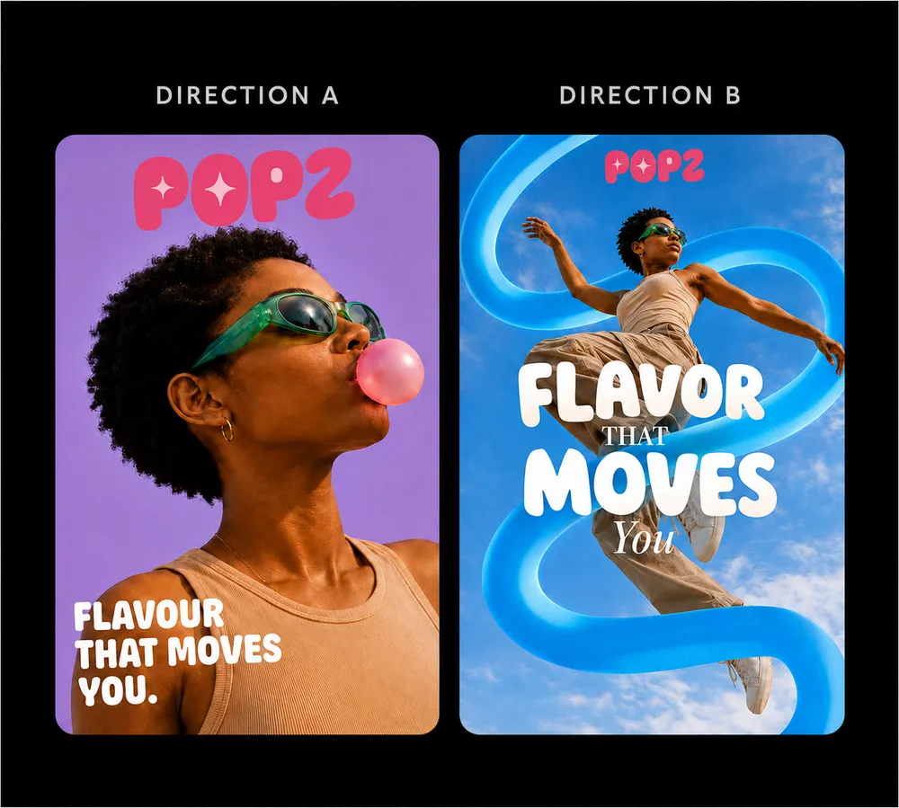 Two advertising posters for 'POPZ'. Poster on the left features a woman blowing bubblegum on a purple background with 'Flavour that moves you'. The poster on the right depicts a woman in motion with a swirling blue ribbon on a cloudy sky background with 'Flavor that moves you'.