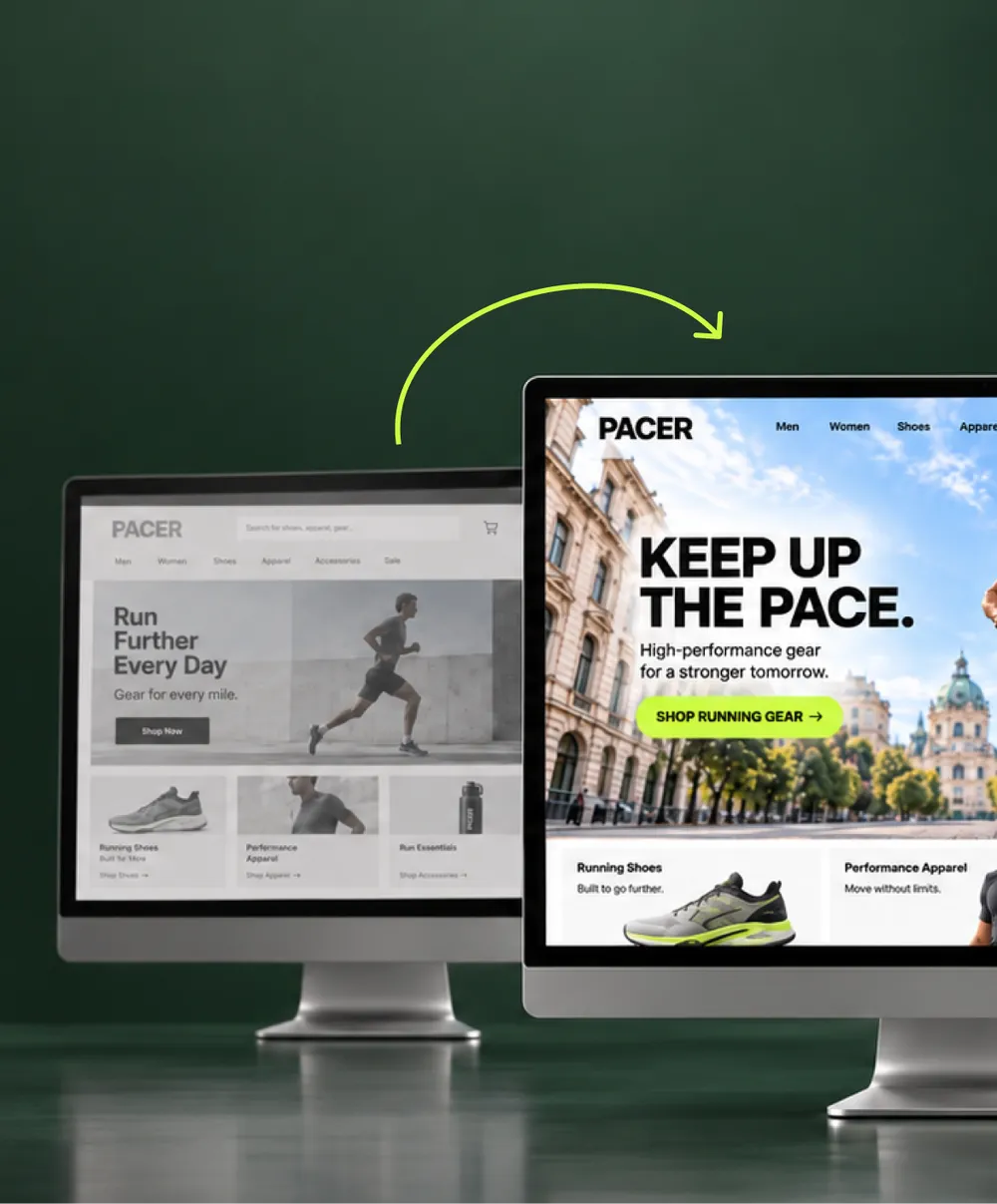 'PACER'のウェブサイトの異なるデザインを表示した2台のモニターです。左の画面は落ち着いた色調のグレースケールデザインで、'Run Further Every Day'というスローガンが表示されています。右の画面は鮮やかでカラフルなデザインで、街並みを背景に'Keep Up the Pace'というスローガンが表示されています。緑の矢印が左から右への変化を示しています。