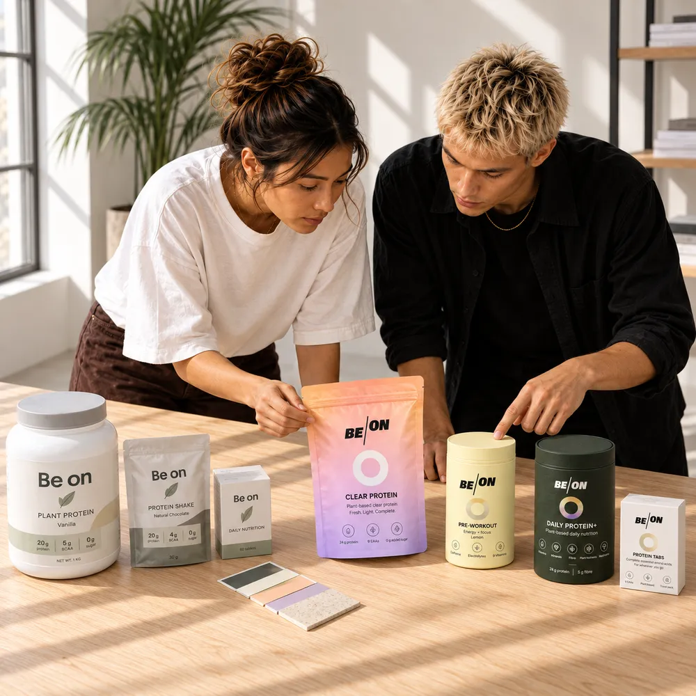 Two people examining a variety of Be On branded protein and nutrition products on a table.