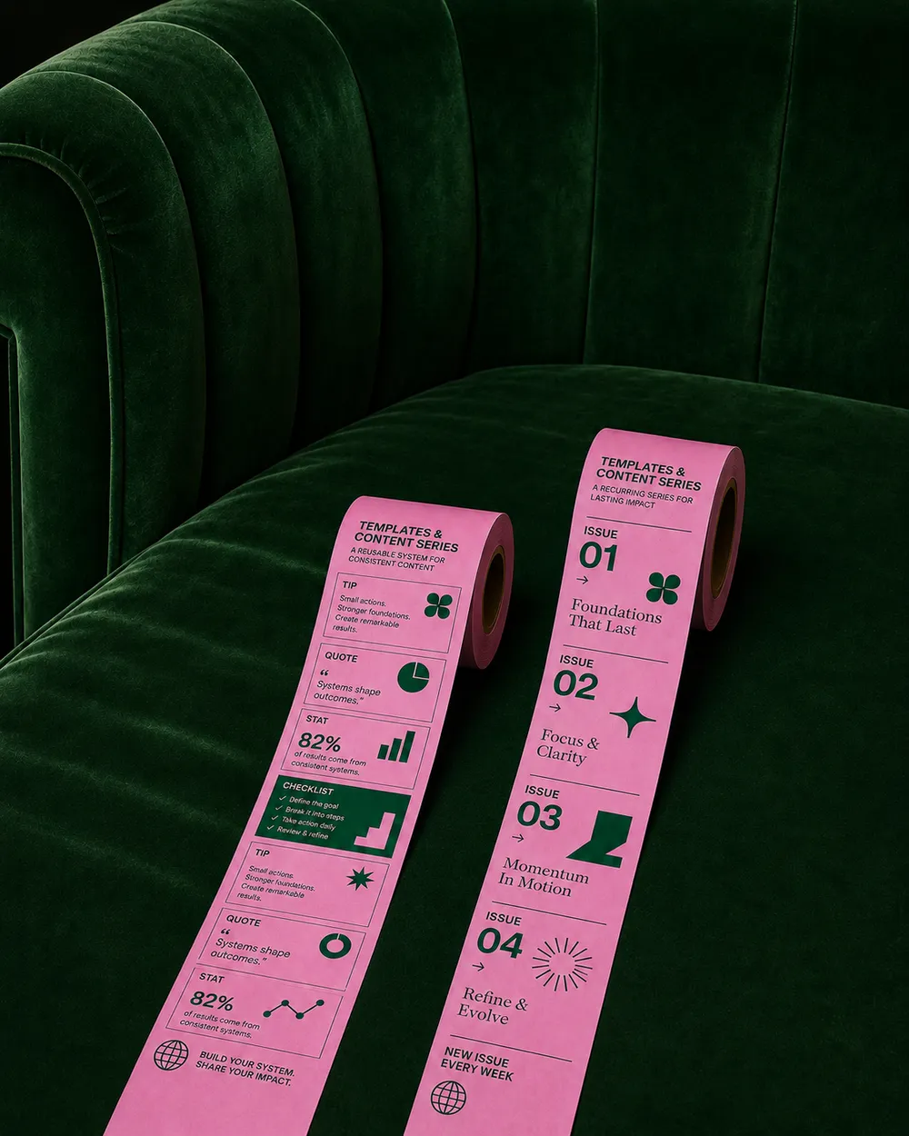 Two pink paper rolls featuring text and graphics are placed on a dark green velvet sofa. Each roll displays content related to a series titled 'Templates & Content Series,' with sections like tips, quotes, stats, and checklists.