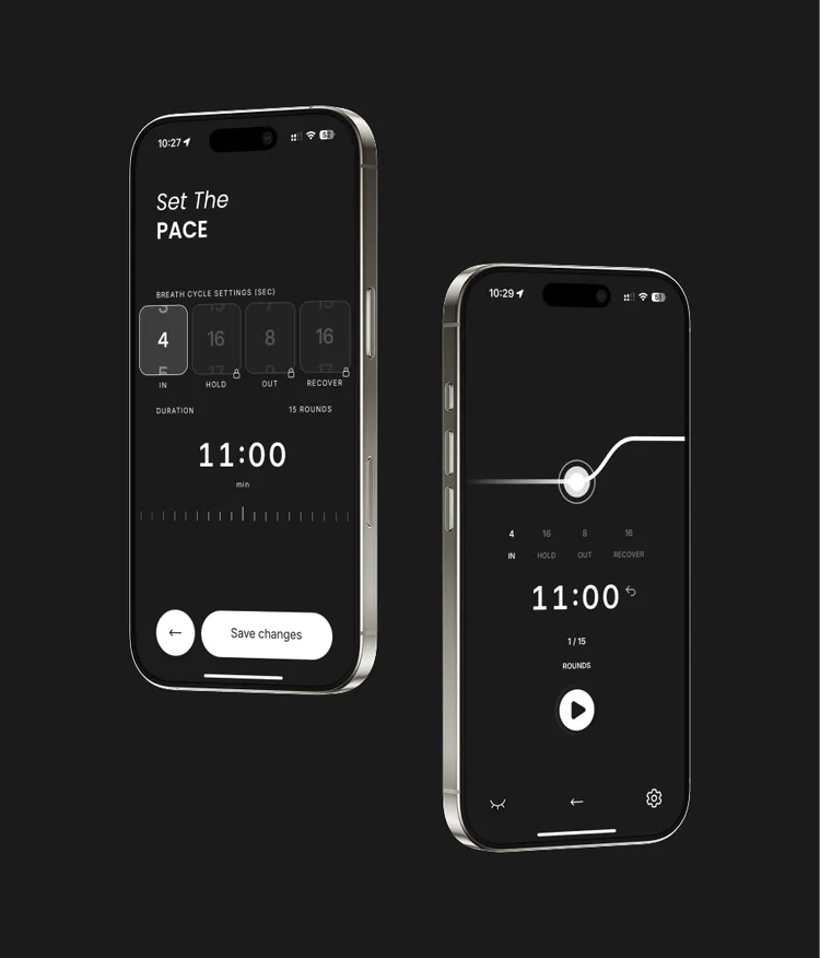 Two smartphones displaying a breath cycle app interface on a dark background.