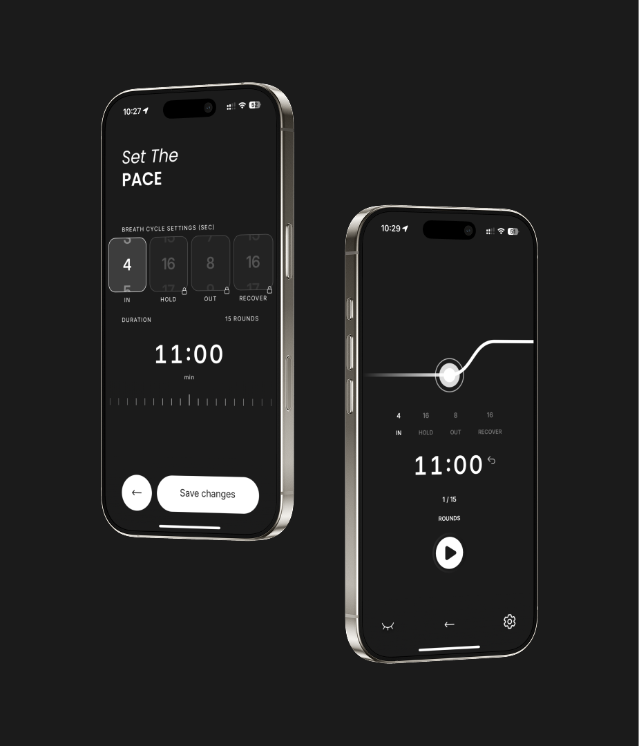 Two smartphones displaying a breath cycle app interface on a dark background.