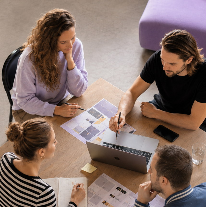 Vier Personen sitzen an einem Tisch und arbeiten gemeinsam an einem Projekt auf einem Laptop. Auf dem Tisch liegen Diagramme und Notizbücher, während alle aufmerksam auf den Bildschirm schauen.