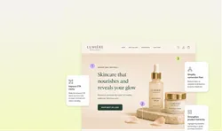 Lumière Botanicalsのスキンケア商品を紹介するウェブページに、改善案が重ねて表示されています。大きなヘッダーには'Skincare that nourishes and reveals your glow'というテキストがあり、石の台座に商品画像が配置されています。3つの提案ボックスでは、CTAの明確化、購入導線、商品の優先順位という改善ポイントが示されています。
