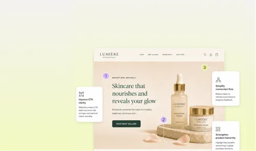 Lumière Botanicalsのスキンケア商品を紹介するウェブページに、改善案が重ねて表示されています。大きなヘッダーには'Skincare that nourishes and reveals your glow'というテキストがあり、石の台座に商品画像が配置されています。3つの提案ボックスでは、CTAの明確化、購入導線、商品の優先順位という改善ポイントが示されています。