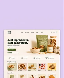 Website homepage featuring food products with a header saying 'Real Ingredients, Real good taste.' Various food items like granola and nuts are displayed.