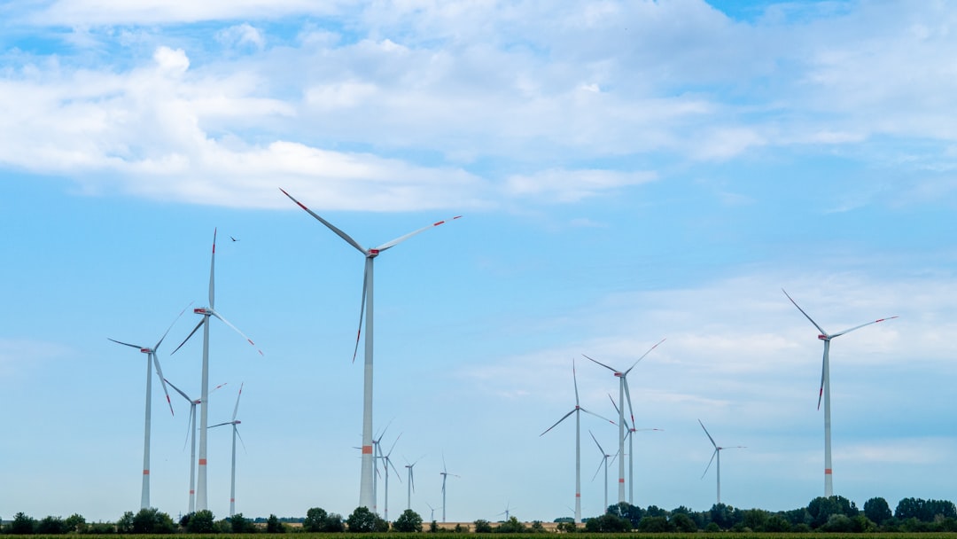 Wind turbines in a field under a blue sky.