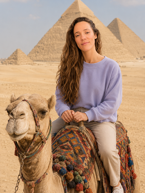 Woman sitting on a camel with pyramids in the background.