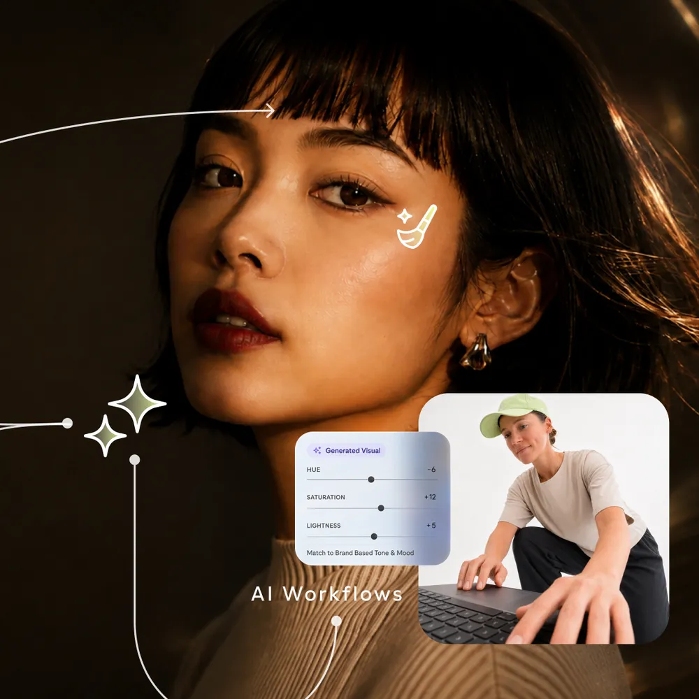 Woman wearing earrings and dark lipstick, with makeup illustration and adjustment controls overlaid. A smaller image shows another person in a light shirt and cap using a laptop. The text 'AI Workflows' is present.