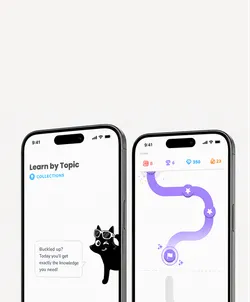 Two smartphone screens with an app interface. The left one shows 'Learn by Topic' with a black cartoon cat wearing sunglasses and a speech bubble with motivational text. The right one shows a winding purple path with star markers and game symbols at the top.