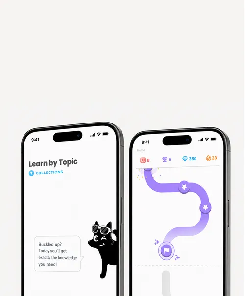 Two smartphone screens with an app interface. The left one shows 'Learn by Topic' with a black cartoon cat wearing sunglasses and a speech bubble with motivational text. The right one shows a winding purple path with star markers and game symbols at the top.